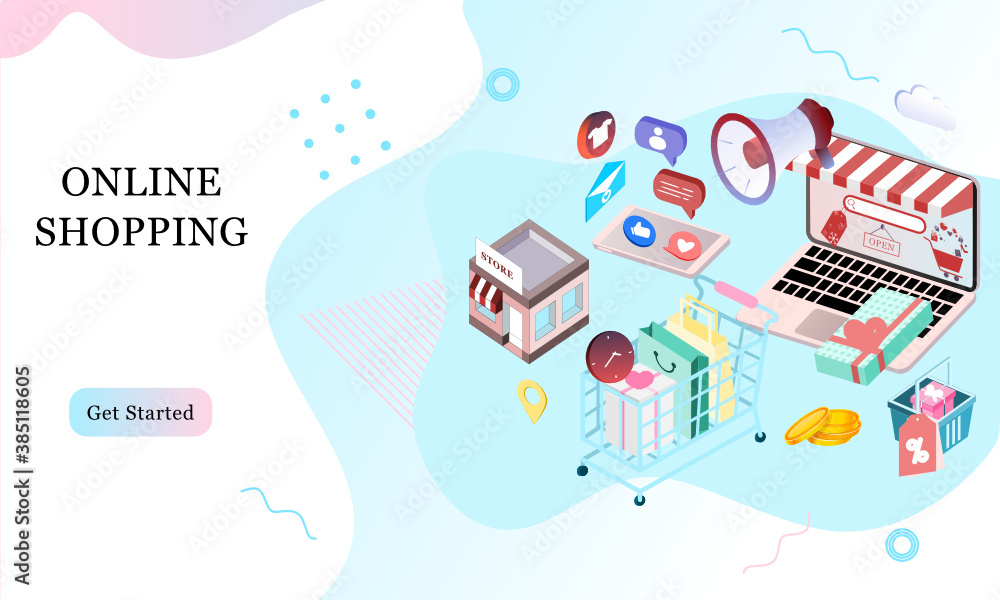 Obraz premium Landing page of 3d isometric online shopping on websites or mobile applications concepts of vector e-commerce and digital marketing. Memphis style illustration for banner online store promotion.