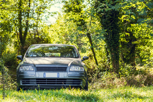 front view of a car in the dense vegetation of the forest with the sunlight through the trees