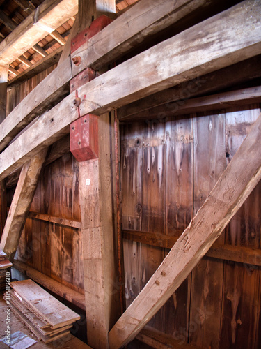 Close Up View of the Burr Arch Truss of a Restored Old 1844 Covered Bridge