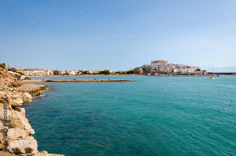 View of the old town of Peniscola on the side of the South Beach from the Sierra de Irta Natural Park, Castellon, Spain