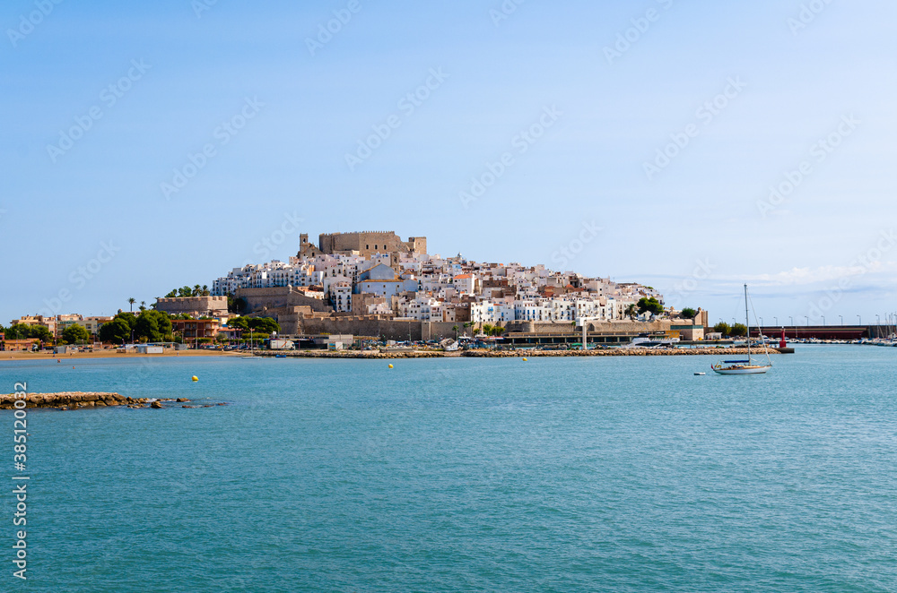 Peniscola harbor with the castle and the walled precinct in the background, Castellon, Spain