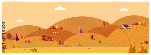 Panorama Vector illustration of Countryside landscape in autumn,banner of farm house.The yellow foliage mountains or hill with falling leaves,barn and pumpkin,falls and antilope deer