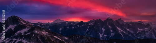 Panoramic Canadian Mountain Landscape. Dramatic Sunset Artistic Composite. Picture taken from top of Webb Peak near Chilliwack, East of Greater Vancouver, British Columbia, Canada.