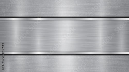 Background in silver and gray colors, consisting of a shiny metallic surface and one horizontal polished plate located centrally, with a metal texture, glares and burnished edges