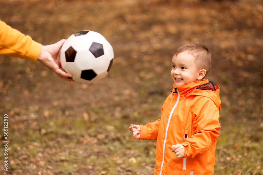 Happy little toddler kid eagerly watching at soccer ball in hand of father. Hand of dad giving to little son football ball in autumn forest or park. Family active leisure outdoors concept Happy little toddler kid eagerly watching at soccer ball in hand of father. Hand of dad giving to little son football ball in autumn forest or park. Family active leisure outdoors concept