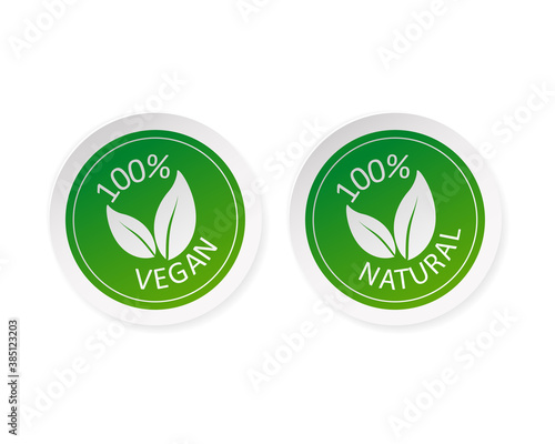 Green natural and vegan stickers set in flat style. Vector illustration.