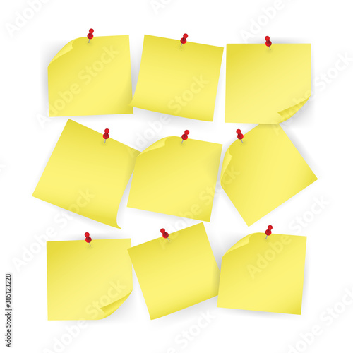 Collection yellow sticker pinned pushbutton with curled corner. Vector illustration. Isolated on white background.