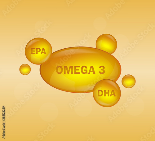 Golden omega 3 on white background. Vector design. Logo design. Logo fish. Isolated vector sign symbol.