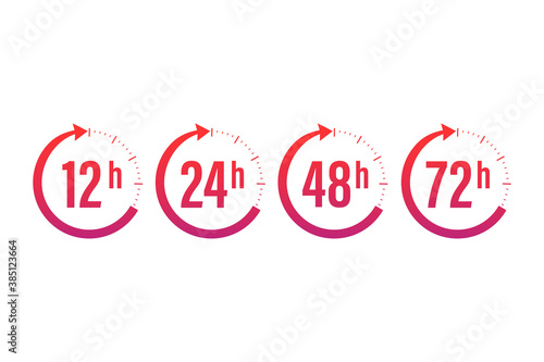 12, 24, 48, 72 hours clock arrow. Work time effect or delivery service time. Vector stock illustration. photo