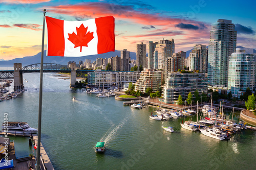 Canadian National Flag Overlay. View of Burrard Bridge and False Creek in Downtown Vancouver, British Columbia, Canada. Dramatic Colorful Cloudy Sunset Overlay. Modern City Architecture
