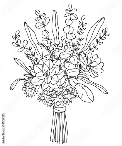 Succulent and Sola Flower,eucalyptus , Wedding Bouquet.Anti stress coloring book page for adults or children.Outline vector drawing of flowers.Page of floral pattern in black and white. photo
