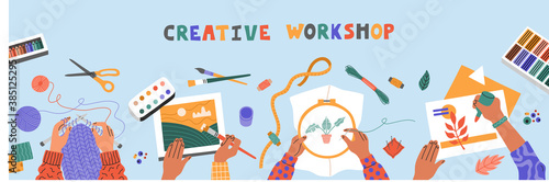 Creative art workshop for kids, drawing, embroider, knit and colored paper applique, top view on blue table. Horizontal banner template for advertising. Hand drawn illustration in flat cartoon style