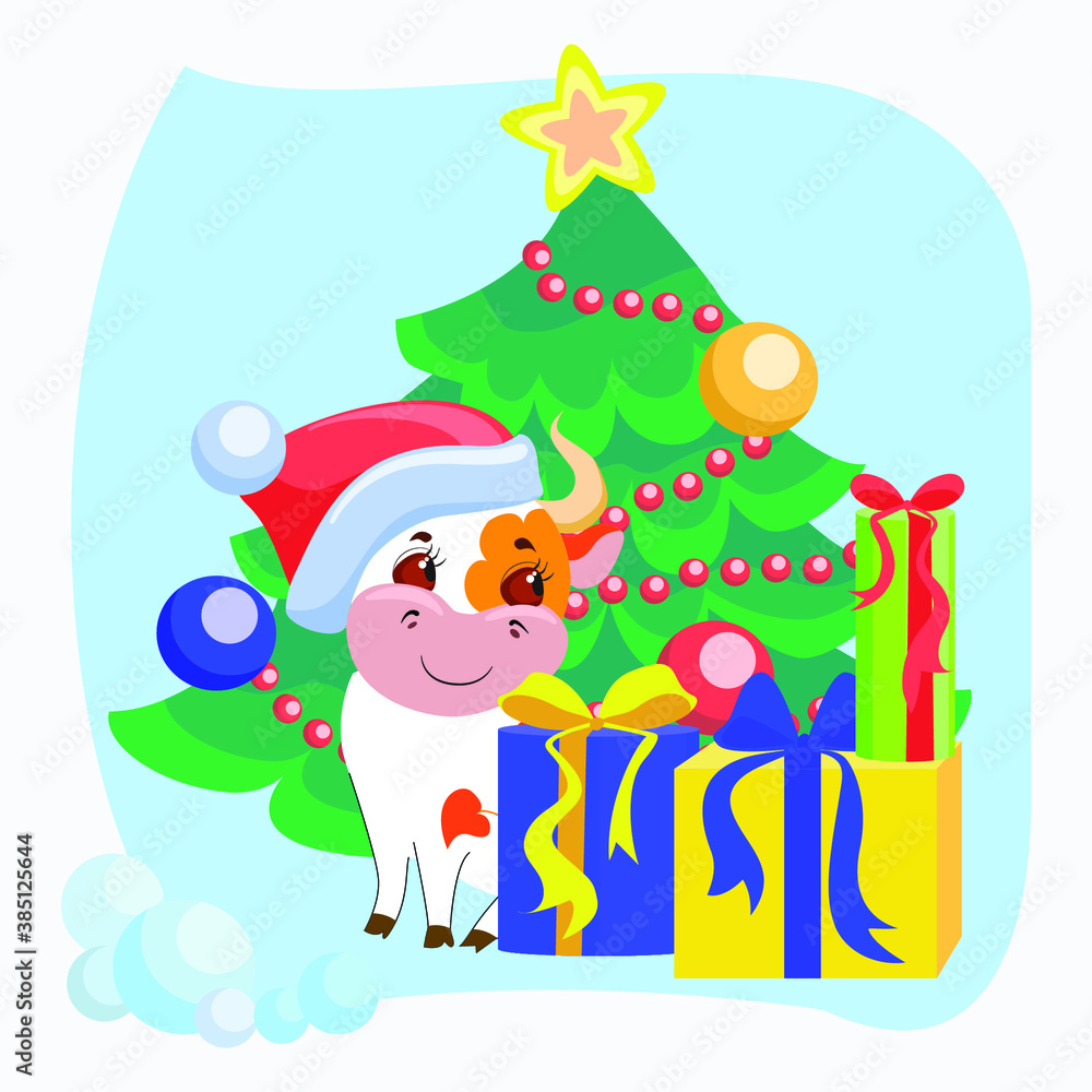 Little cow with gifts. Symbol of 2021. Vector illustration. Perfect for invitations, congratulations, baby cards. Cartoon, flat style Little cow with gifts. Symbol of 2021. Vector illustration. Perfect for invitations, congratulations, baby cards. Cartoon, flat style