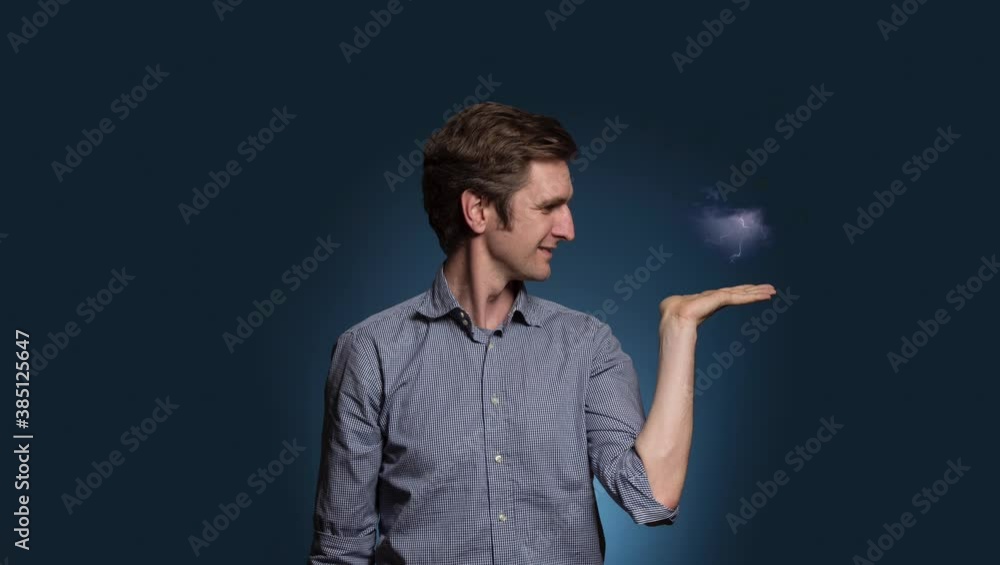 Caucasian Man with Smoke Cloud and Lighting on Palm Caucasian Man with Smoke Cloud and Lighting on Palm
