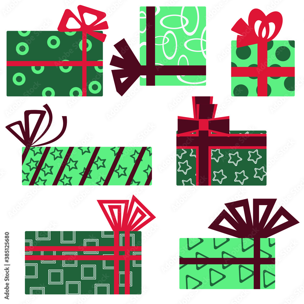 Set of gift boxes in green and red shades with bows in wrapping paper with patterns, christmas gifts vector illustration for design and creativity