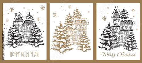 Christmas Greeting card. Illustration of houses. Set of hand drawn buildings.	
