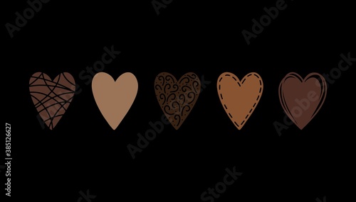 Vector set of hand drawn hearts of different ethnicity colors isolated on black background. Template with hand drawn doodle hearts with copy space for text, quote. Stop racism concept.