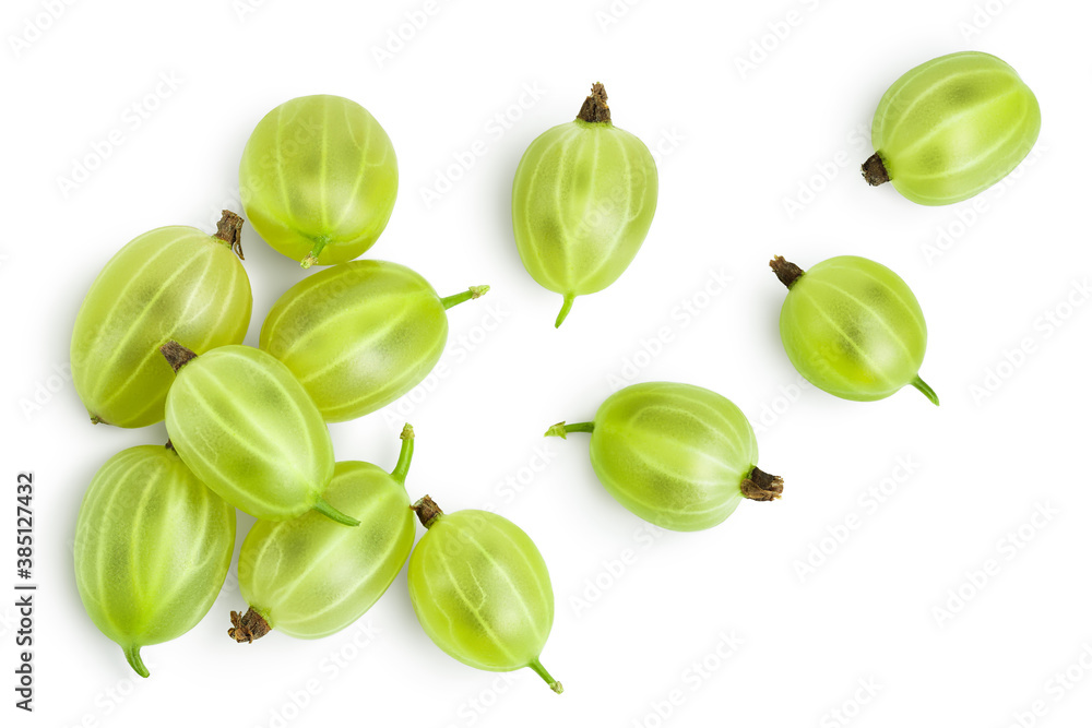 Green gooseberry isolated on white background with clipping path and full depth of field. Top view. Flat lay Green gooseberry isolated on white background with clipping path and full depth of field. Top view. Flat lay