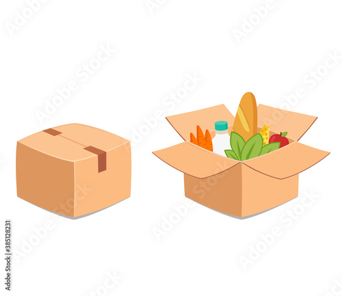 Box with Food Donation. Open and Close cardboard isometric cube Package with Grocery. Vector Isolated illustration. Delivery and humanitarian concept. Charity aid for homeless and hunger.