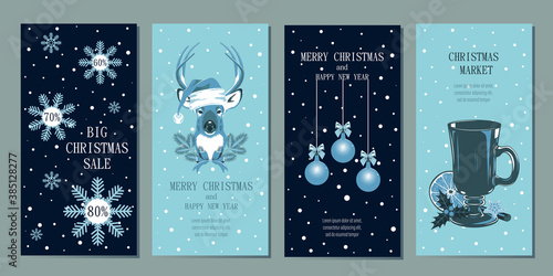 A set of templates for greeting banners, flyers, cards Merry Christmas and Happy New Year. Christmas sale, Christmas market.