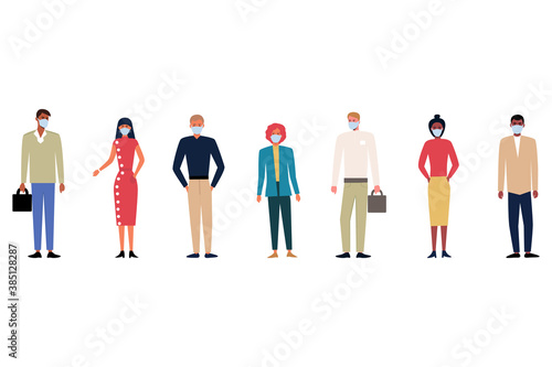 Baner of cartoon multiracial masked men and women on white background. quarantine training and business concept. flat vector. Students, employees, friends, office workers together. modern technologies