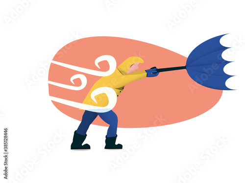 Windy concept illustration. The wind broke the blue umbrella of the man with a yellow rain jacket. Flat trendy illustration. 