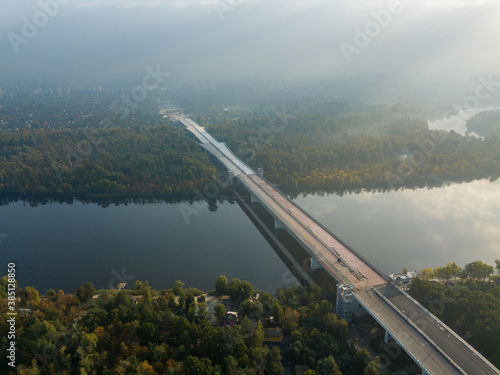 Aerial drone view. A bridge under construction across the Dnieper in Kiev.