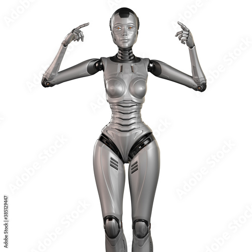 3d render of a very detailed female robot or futuristic cyber girl pointing fingers with both arms towards her head  isolated on white background