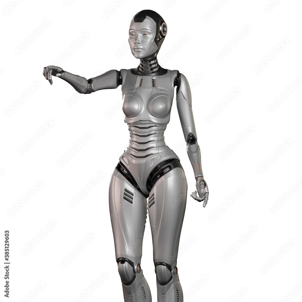 3d render of a very detailed female robot or futuristic cyber girl pointing her finger towards somebody or something, isolated on white background