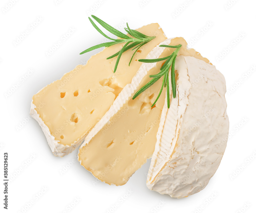 Camembert cheese with rosemary isolated on white background with clipping path and full depth of field. Top view. Flat lay Camembert cheese with rosemary isolated on white background with clipping path and full depth of field. Top view. Flat lay