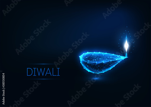 Happy Diwali greeting card template with glowing low polygonal festival lights lamp, stars and text.