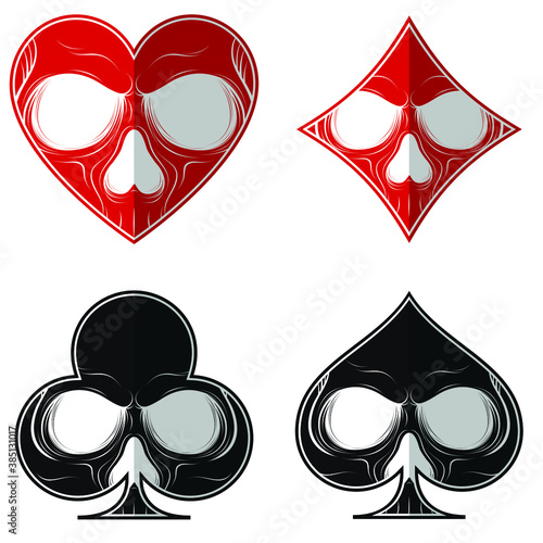 Vector design, skull with the four poker symbols, heart diamond ace clover, all on white background.
