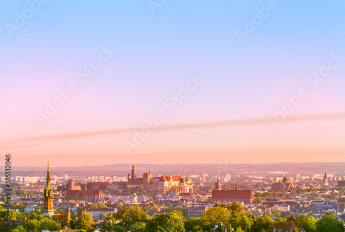 Panoramic view of Krakow oldtown from Krakus Mound, Poland