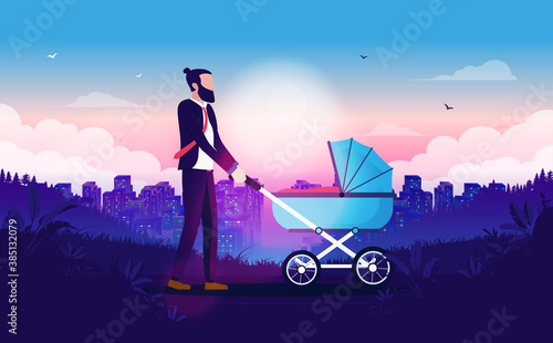 Businessman with baby pram - Man taking time off work to care for baby, walking with stroller in landscape. Paternity leave concept. Vector illustration.