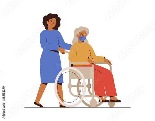 Nurse or social worker helps the elderly disabled patient and drives her in a wheelchair. A young female volunteer is taking care of a senior woman. Medical aid vector concept.