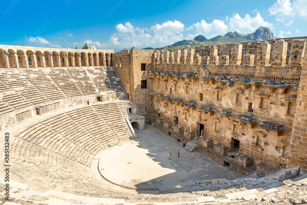 Aerial view of the ancient Aspendos amphitheater near Antalya city