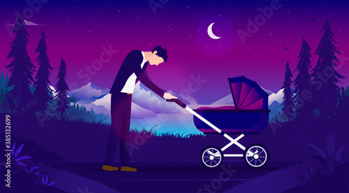 Tired dad on paternity leave - Exhausted man walking with baby stroller outdoors at night trying to get the baby to sleep. Fatherhood and baby daddy concept.