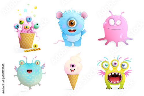 Fictional Monsters Characters Collection for Kids. Cute and sweet fairytale creatures clip art set isolated on white vector imaginary animals.