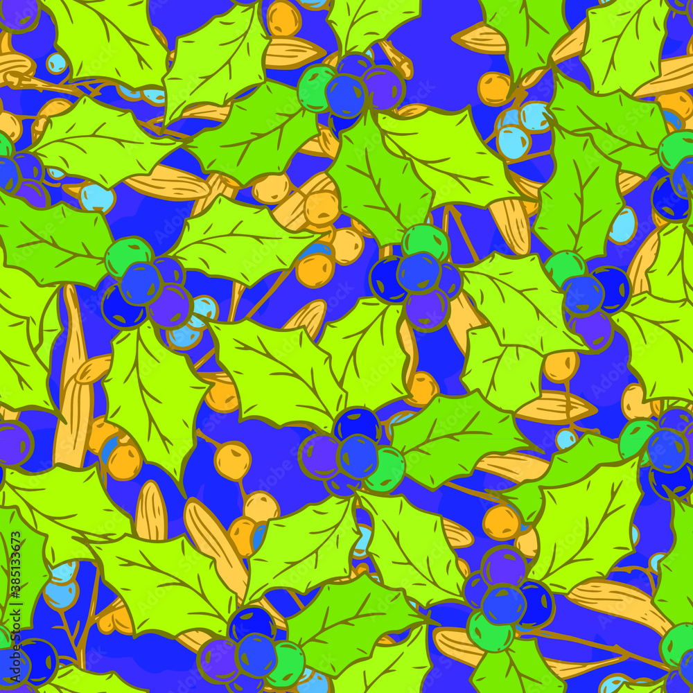 Holly leaves with berries. Christmas seamless pattern. Background for the New Year.