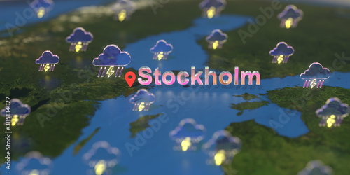 Photography Stormy weather icons near Stockholm city on the map, weather forecast related 3D