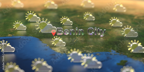 Partly cloudy weather icons near Benin City on the map, weather forecast related 3D rendering