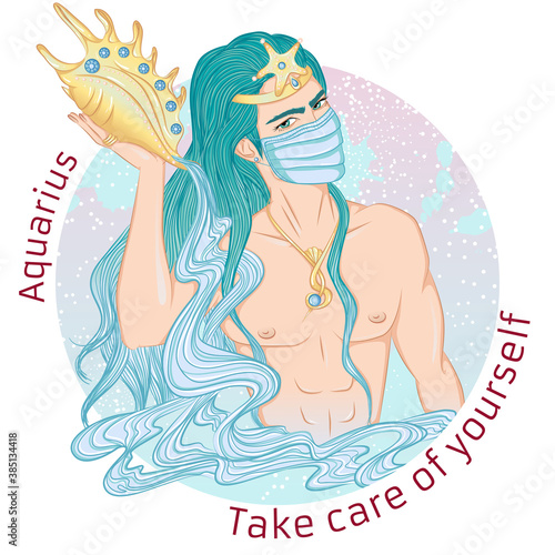 Zodiac.Vector illustration of the astrological sign of Aquarius as a man with a naked torso. Portrait in medical mask. Concept of world epidemic. Man wearing protection element to prevent disease,flu.