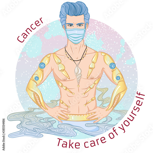 Zodiac. Vector illustration of the astrological sign of Cancer as a man with a naked torso. Portrait in medical mask. Concept of world epidemic. Man wearing protection element to prevent disease,flu.