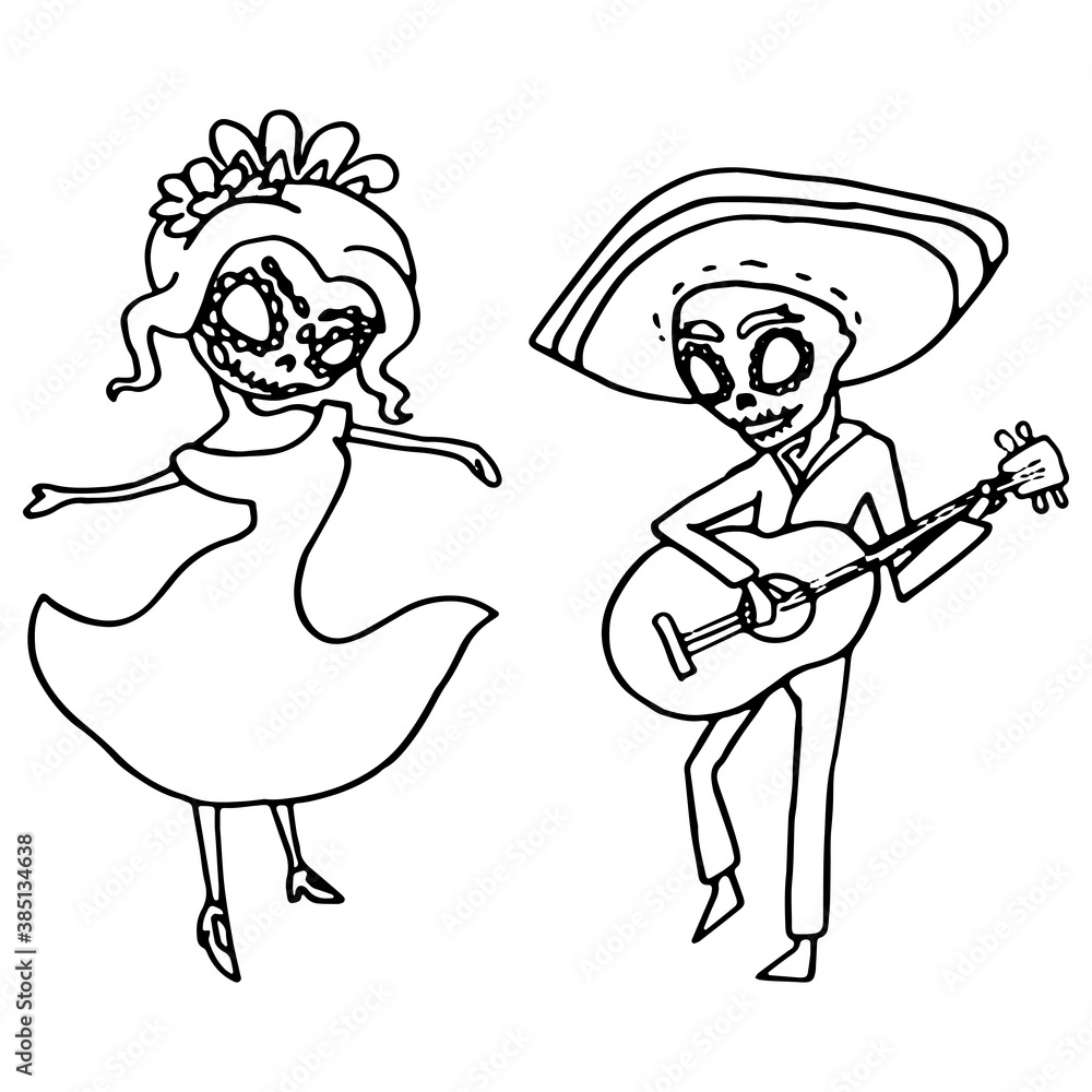 Fototapeta premium Costumed mexicans on white isolated backdrop. Day of the dead symbol for invitation or gift card, notebook, bath tile, scrapbook Phone case or cloth print Doodle style stock vector illustration