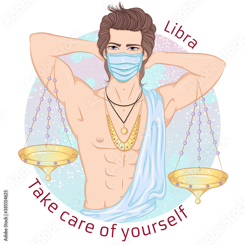 Zodiac. Vector illustration of the astrological sign of Libra as a man with a naked torso. Portrait in medical mask. Concept of world epidemic. Man wearing protection element to prevent disease,flu.