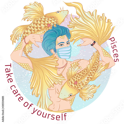 Zodiac. Vector illustration of the astrological sign of Pisces as a man with a naked torso. Portrait in medical mask. Concept of world epidemic. Man wearing protection element to prevent disease,flu.