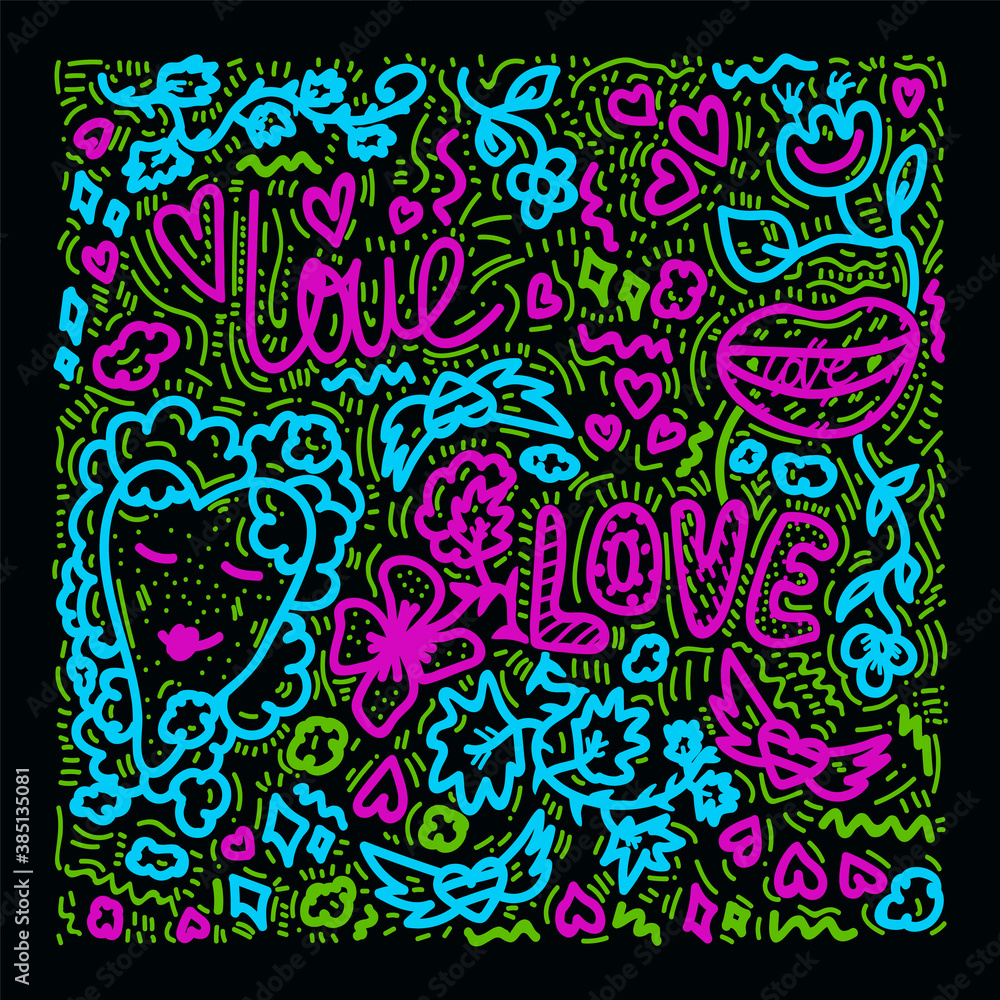 Illustration Background about Love. With the words Love. Pattern for a postcard, hand-drawn multicolour in the style of doodles. The image shows hearts, clouds, red on a white background. Vector