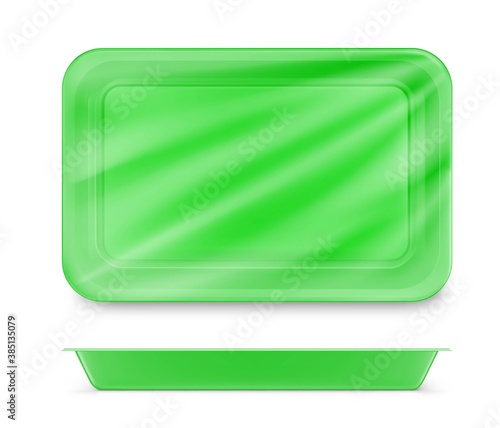 Horizontal tray container mockup. Vector illustration isolated on transparent background. Layered template file easy to use for your promo product: meat of animals, chicken, fish. EPS10	