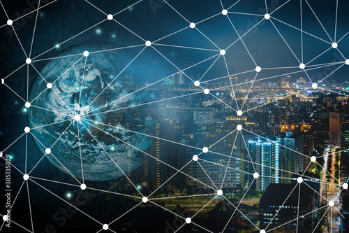 Cuadro en lienzo Double exposure business network trading connection and economic uptrend stock graph on money and capital financial city background