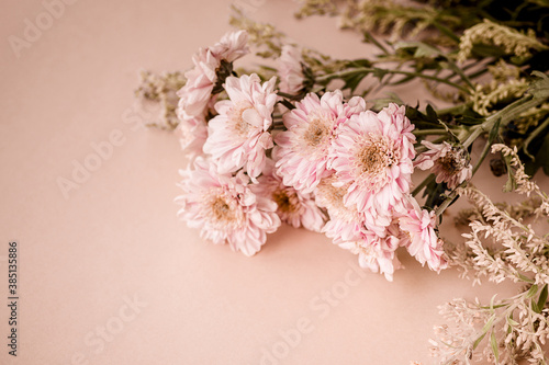 Fototapeta Naklejka Na Ścianę i Meble -  Beautiful bouquet of pink chrysanthemum flowers on pale beige background. Trending postcard view.